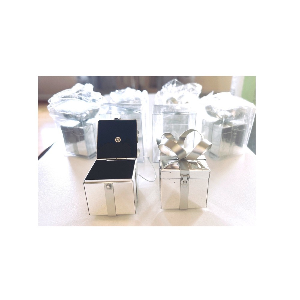 Crate & Barrel Gift Box Ornament Set 6 Metal Silver 2in NEW Modern Holiday Decor